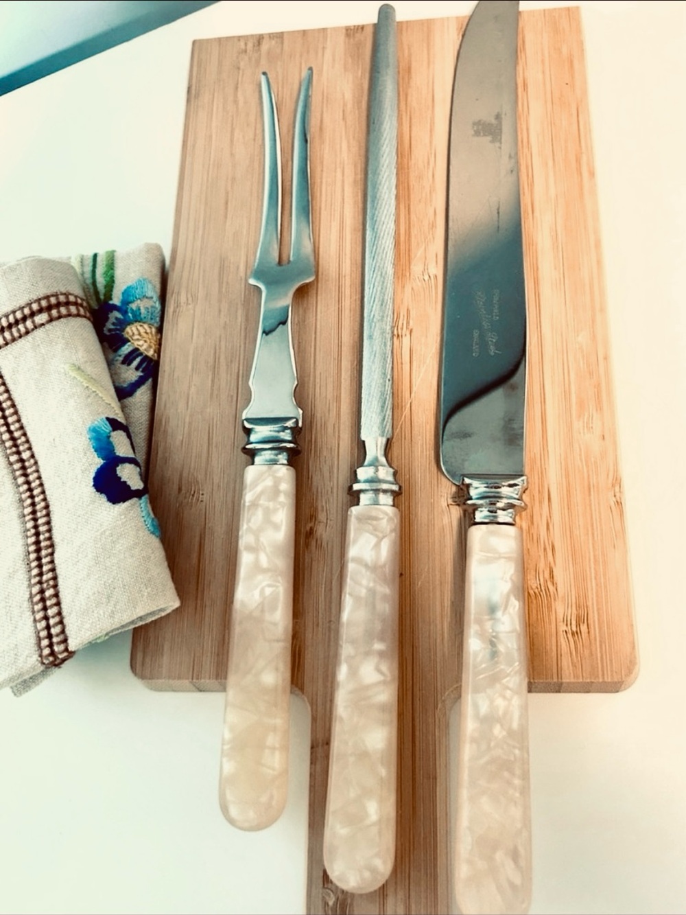 Vintage Sheffield England Carving Set Faux Pearl Handles Thanksgiving